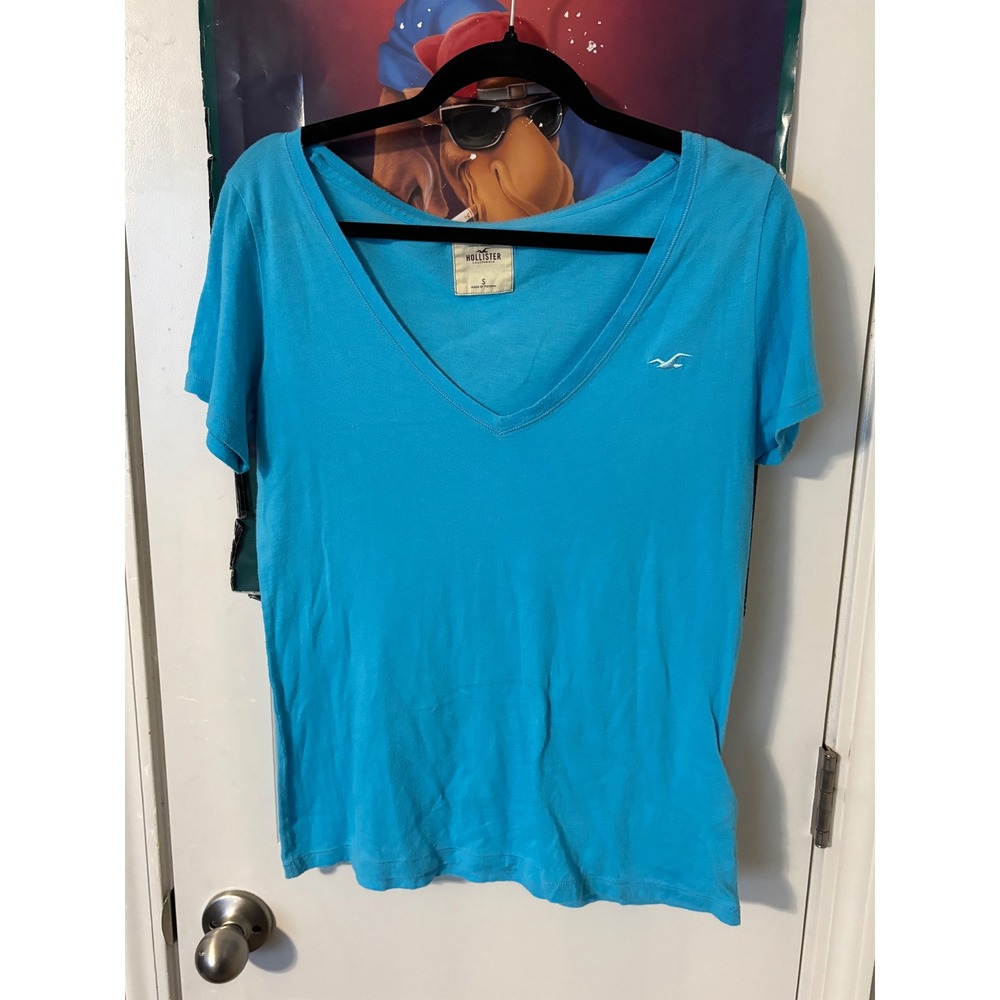Hollister Womens Turquoise Blue V-Neck Short Sleeve T-Shirt Logo Size S